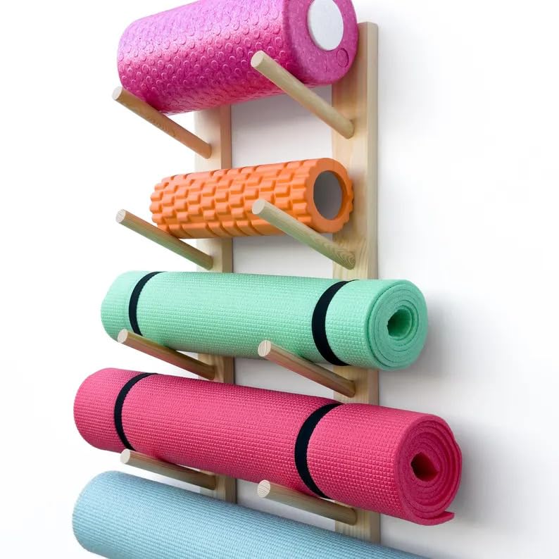 Wooden Yoga Mat Storage Rack, Wall Mounted Yoga Mat Holder Organizer for Home Gym, Yoga Mat Foam Roller Storage Stand for Yoga Studio, Multi-Tier Yoga Mat Wall Rack for Workout Equipment Organization