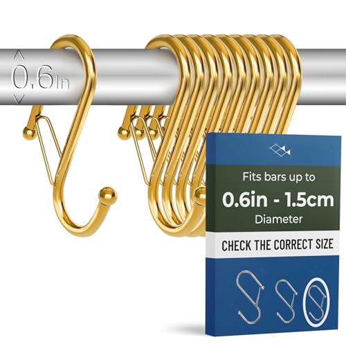 10-Pack Metal S Hooks for Hanging – Heavy-Duty S-Shaped Hooks with Safety Buckle – Fits Bars up to 0.6 in – Anti-Drop Hooks for Kitchen, Pot Racks & Towel Bars – Gold (Small) - color: Yellow Gold, size: Small - 0.6In Diameter