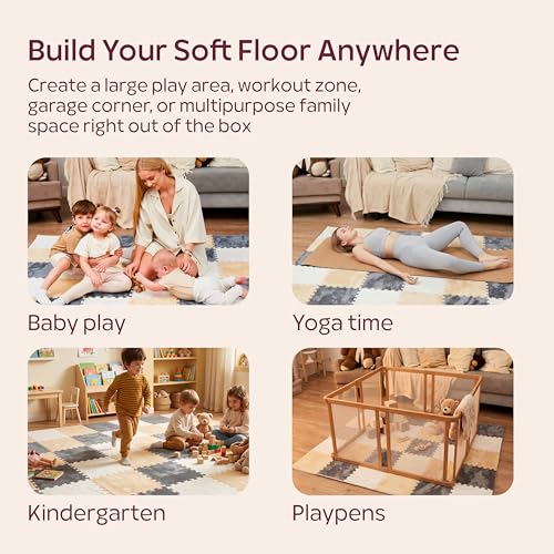 Puzzle Play Mat for Floor - 16 Snap-Together Interlocking Tiles (11.8 x 11.8 x 0.4 in Each, 47 x 47 in Total) for Kids Playroom & Home Floor Play, Edge Borders Included, White Tan Gray