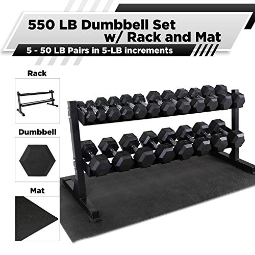 WF Athletic Supply Rubber Coated Hex Dumbbell Set, Multiple Choices Available - Dumbbells with Rack Stand and Mat, or Dumbbells Only (200/550/1200/2100/3000 LB) - color: d. 5 - 50LB w/ 2-tier RED Rack and Mat