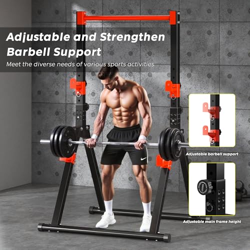 SogesHome Power Tower Dip Station Pull Up Bar for Home Gym, Adjustable & Foldable Multifunction Fitness Workout Station with Triangular Stability Design for Strength Training - color: Black Red