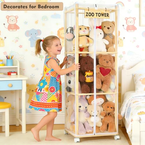 Stuffed Animal Storage Zoo with Dust Cover & Wheels — Large Wooden Stuffy Organizer Display Tower, Thick Plushie Holder with Elastic Band for Kids Room, Perfect for Nursery Bedroom Nursery Playroom