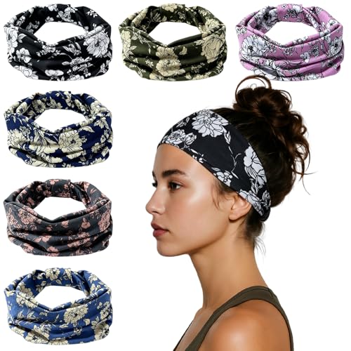 HSEM Wide Headbands for Women 6-Pack – Non-Slip Boho Hair Bands, Thick Elastic Flower Head Bands – Large Knotted Soft Stretchy Sweat Bands for Sports, Yoga, Washing Face, Makeup, Running, Spa - color: X-Colorful-2-9