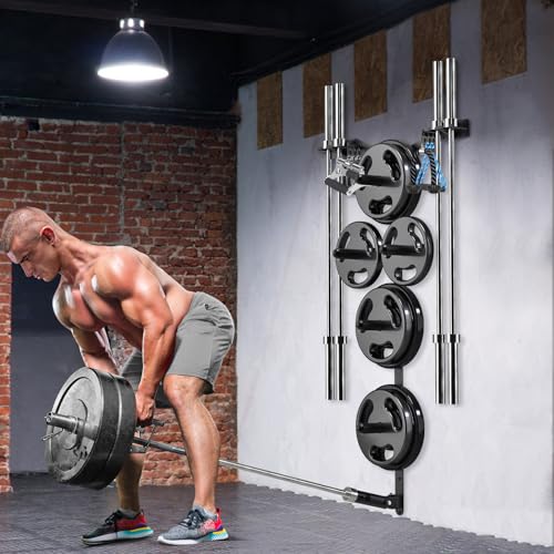 Wall Mounted Weight Plate Rack, Heavy Duty Olympic Barbell Holder & T Bar Row Landmine Attachment, 5 Pegs & 4 Barbell Storage, Space-Saving Home Gym Organizer - color: A. Mounted Weight Plate Rack