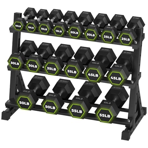HANDBODE Rubber Coated Hex Dumbbell Set with Rack, 300-840 lb | Fixed Weights Sets with Heavy Duty Storage Stand, Multiple Weight Options Home Gym Equipment for Strength Training - style: 570 lb Set (10-55 lb) with Rack