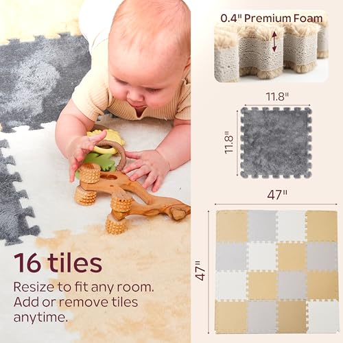 Puzzle Play Mat for Floor - 16 Snap-Together Interlocking Tiles (11.8 x 11.8 x 0.4 in Each, 47 x 47 in Total) for Kids Playroom & Home Floor Play, Edge Borders Included, White Tan Gray
