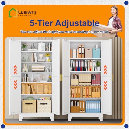 Metal Storage Cabinet with 2 Doors and 5 Adjustable Shelves - 74.8" Steel File Cabinet,Tool Cabinets for Office,Home,Garage,Gym,School (White) - color: White, size: 74.8H