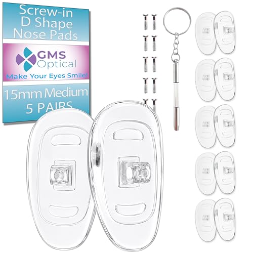 GMS Optical Screw-in Silicone Nose Pads for Glasses | 15mm Medium, 7.4mm Width | Non Slip Nose Grips for Sunglasses and Eyewear, Anti Slip Eyeglass Accessories w/Screws & Screwdriver (5 Pairs) - size: (M)15mm - 5 Pairs