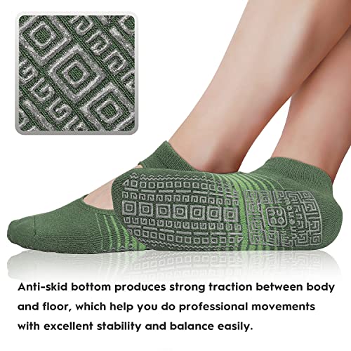 unenow Non Slip Grip Yoga Socks for Women with Cushion for Pilates, Barre, Home - color: Three Pairs Stripes-dark Green/Grey/Green
