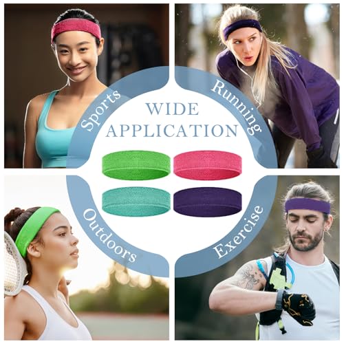4 Pack Cotton Terry Sweat Headbands for Men Women Running Gym | 4 pack soft cotton terry headbands, Stretch 7 to 15 inches, Sweat-wicking, stays put for running, tennis, basketball & yoga - color: Pink/Green/Sky Blue/Purple
