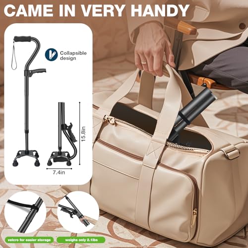 Ciavca Walking Canes for Women & Men, Adjustable Folding Quad Cane, Heavy Duty Walking Sticks Canes for Seniors Balance,Collapsible, Lightweight Self Standing Cane with 2nd Handle and 4-Pronged Base
