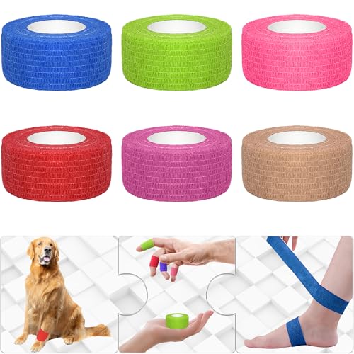 6 Pack 1 Inches Self Adhesive Bandage Wrap Breathable Cohesive Bandage Elastic Tape for Pets, Athletic, Sports, Wrist, Knee, Ankle(5 Yards Per Roll, Mixed Colors) - color: Mixed Colors, size: 1 Inch