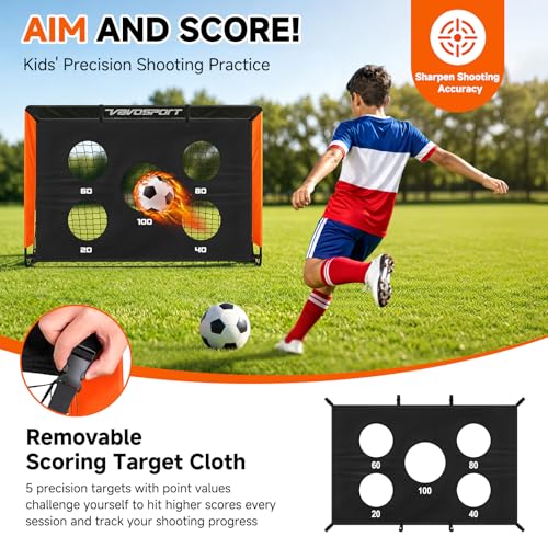 2 Pack Kids Soccer Goals for Backyard Set, 4x3 ft Portable Pop Up Soccer Goal, Kids Soccer Net Training Equipment with Soccer Target, Ball, Cones, for Ages 3-12 Outdoor Sports Games Gifts - color: Black Orange