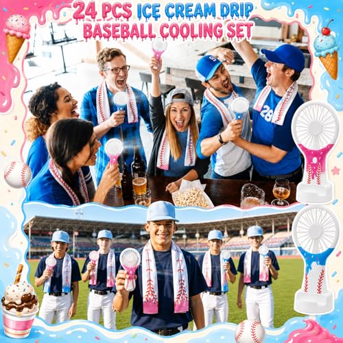 Woanger 24 Pcs Ice Cream Drip Baseball Cooling Towels and Mini Handheld Fans Set Bulk 3 Speeds USB Portable Fans with Sprinkle Design Cooling Towels for Sports Team Games Party Favors Summer Gifts - style: Ice Cream Drip
