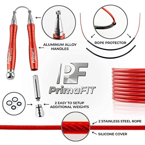 PrimaFIT Pro Speed Jump Rope for Adults, Weighted Skipping Rope for Boxing | Adjustable Jumping Rope for Fitness Workout & CrossFit Exercise, Double Unders, Handle Weights, 3m Cables 2 Protectors, Bag - color: Red