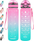 Enerbone 32 oz Drinking Water Bottle with Times to Drink and Straw, Motivational with Carrying Strap, Leakproof BPA & Toxic Free, Ensure You Drink Enough Water for Fitness Gym Outdoor - color: Pink-Green
