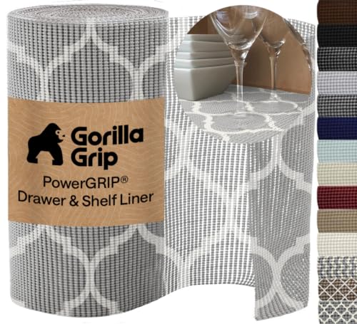 GORILLA GRIP powerGRIP Drawer Shelf and Cabinet Liner, Thick Strong Hold, Non-Adhesive Liners Protect Kitchen Cabinets and Cupboard, Bathroom Drawers, Easy Install, Breathable Mat, 12" x10' Quatrefoil - color: Quatrefoil: Gray/White, size: 12" X 10', styl