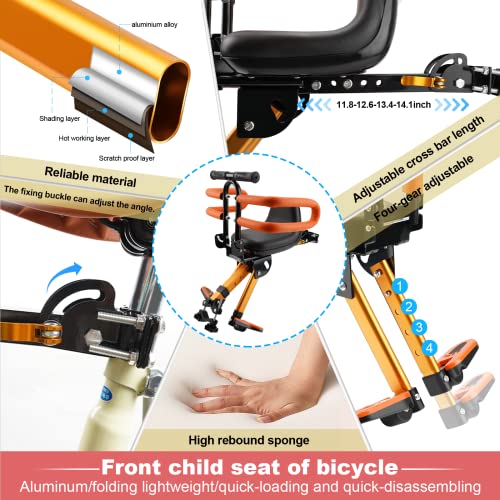 Child Bike Seat for Adult Bike,Retractable Baby Bike Seat Front Mounted for Children 2-6 Years Old - color: gold with black