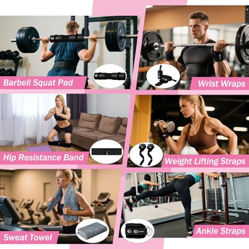 Barbell Pad Set: 10 PCS Gym Equipment Accessories | Squats Hip Thrusts Pad Ankle Straps for Cable Machines Women Men Hip Resistance Band Weight Lifting Straps Wrist Wraps - color: Pink