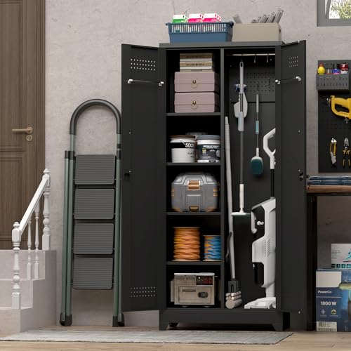 IRONFFICE Metal Utility Closet,Broom Closet Storage Cabinet with Doors and Shelves,Locking Storage Cabinets for Home Office,Gym,Laundry,Black - size: 72"H x 31.5"W x 15.74"D-Black