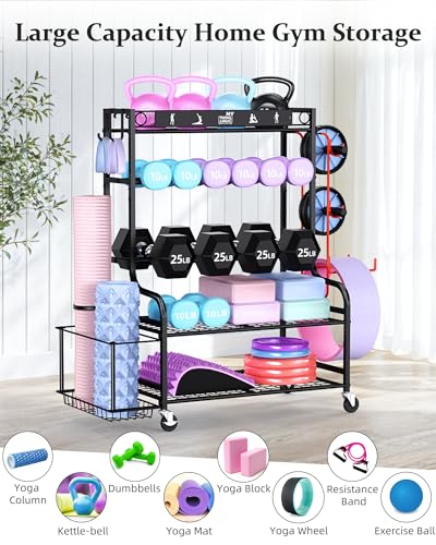 Mythinglogic Home Gym Storage Rack with Wheels for Dumbbells and Yoga Mats | Versatile storage with shelves, hooks and side holders for kettlebells, foam rollers, bands, weight plates and gym gear - color: New Black