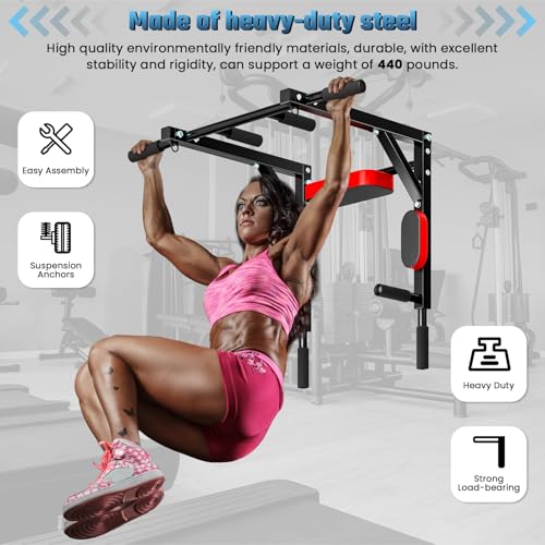 Wall Mounted Pull Up Bar and Dip Station, Heavy Duty Pull-up Chin Up Bar for Indoor Home Gym Workout, Power Tower Set Training Equipment Fitness Dip Stand Supports to 440 Lbs Black