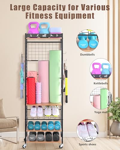 Mythinglogic Home Gym Storage Rack with Wheels for Dumbbells and Yoga Mats | Versatile storage with shelves, hooks and side holders for kettlebells, foam rollers, bands, weight plates and gym gear - color: Black+Brown