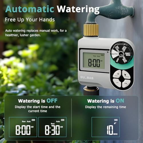 QUOBAS Brass Sprinkler Timer, Programmable Water Hose Timer for Garden Hose Faucet with Waterproof HD Screen, Rain Delay/Manual/Automatic Irrigation Watering System for Garden, Lawn, Yard
