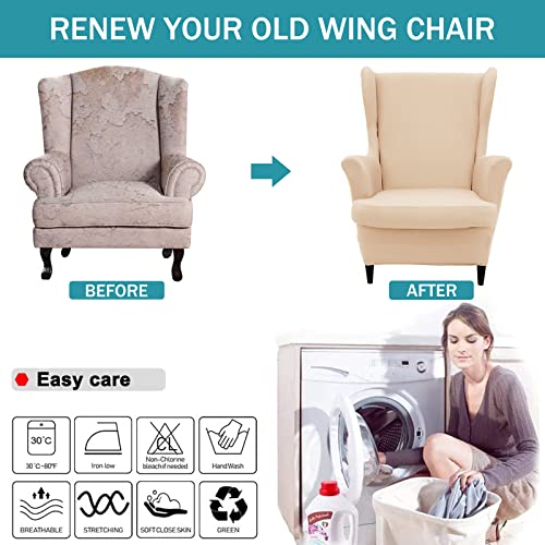 NILUOH Wingback Chair Cover 2-Piece Soft Stretch Wing Chair Slipcover Solid Color Armchair Sofa Couch Cover Furniture Protector with Elastic Bottom for Living Room Bedroom (Beige) - color: Beige