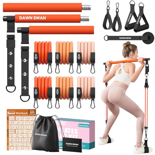Pilates Bar Kit with Resistance Bands – Adjustable Home Gym Workout Equipment for Women & Men – Portable Pilates Equipment for Squats, Yoga & Full Body Toning - color: Orange