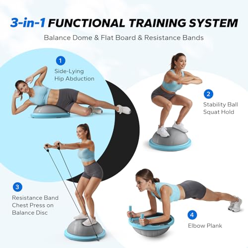 MERACH Balance Ball Trainer, 18 Inch Half Exercise Ball with Resistance Bands and Foot Pump, Half Yoga Ball for Core Strength Training, 450lb Capacity - color: Blue