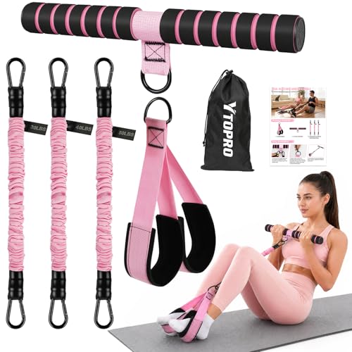 Pedal Resistance Band with Handle, 3-Level 30/40/50 Lbs Exercise Band Set with Foot Straps & Storage Bag, Portable Home Gym Equipment for Yoga Strength Training Full Body Workout - color: pink