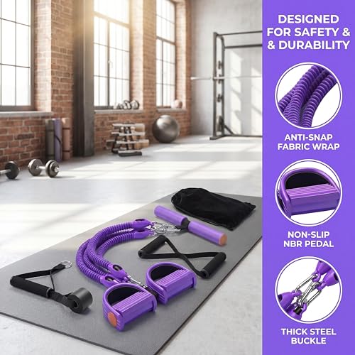 Foot Pedal Resistance Band, 4-Tube Pedal Puller with Handles | Upgraded, Adjustable, Multifunction Home Gym Equipment, Full Body Workout, Yoga, Pilates