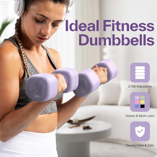 Adjustable Dumbbell Set of 2: Sportneer 4 in 1 Free Weights Dumbbells Set for Women, Hand Weights for Women at Home, Available in 5 lb × 2 and 10 lb × 2 Sets with Soft Rubber Handle for Home Gym Exercise Training - color: Aura Lavender, size: 5lb × 2