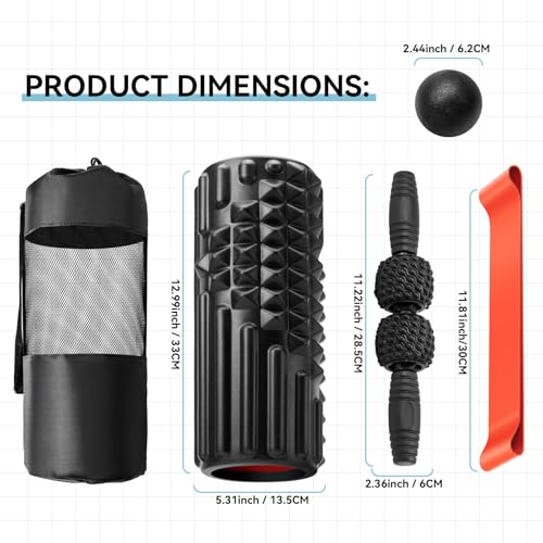 5 in 1 Foam Roller Set, High Density Patented Exercise Roller | Deep Tissue Massage Roller Stick, Massage Ball, Resistance Band for Pilates, Yoga, Whole Body Fitness Exercise, Black - color: Black