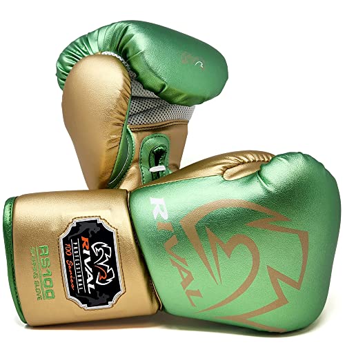 RIVAL Boxing RS100 Professional Lace-Up Sparring Gloves, Handcrafted with Super-Rich Microfiber PU, Ergonomically Designed to Perfectly Fit Your Hand - color: Green/Gold, size: 14 oz.