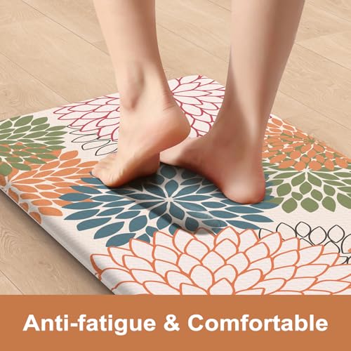 Kitchen Rugs and Mats Cushioned Anti Fatigue Kitchen Mat 2PCS Non-Skid Waterproof Kitchen Runner Rug Comfort Foam Standing Mat for Floors,Office,Laundry,Sink,Floral - color: Colorful, size: 17.3" x 47 "+ 17.3" x 29 "--0.47 inches