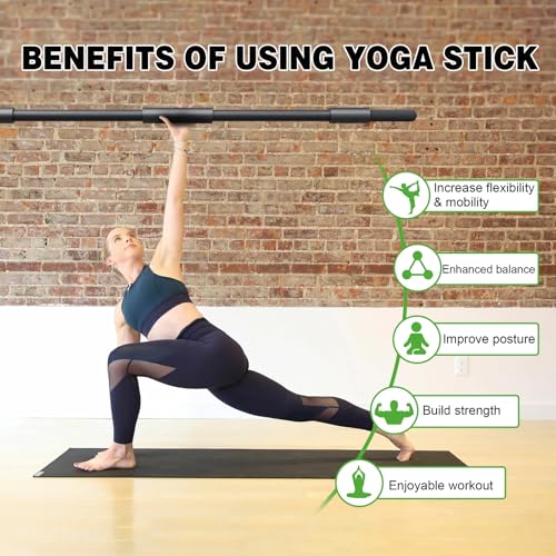 Yoga Stick for Stretching, 58 Inch Flexibility Training Bar with Neck Pad and Adjustable Foam Grips – Metal Exercise Stick for Physical Therapy, Mobility, and Balance