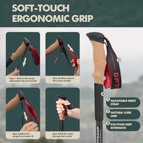 GPTCAMP Walking Sticks,Trekking Poles Collapsible Hiking Poles,Lightweight Folding Travel Walking Pole for Men Women,2pc Adjustable Hiking Stick with EVA Foam Grips for Backpacking - color: Red