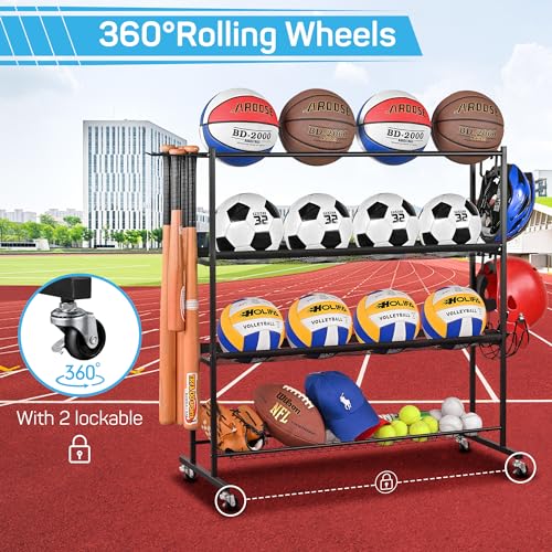 Mythinglogic Basketball Rack, Ball Storage with Baseball Bat Holder, Rolling Ball rack with Removable Nylon Mesh for Various Ball Sizes, Basketball Holder for Football Basketball Soccer Ball | Holds up to 12 sports balls with 2 removable nylon mesh shelve