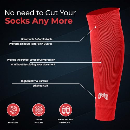 MediCaptain Pre Cut Soccer Sock Sleeves, Companion for Soccer Grip Socks, Securely Holds Shin Guards, Compression Leg Warmer - color: Red