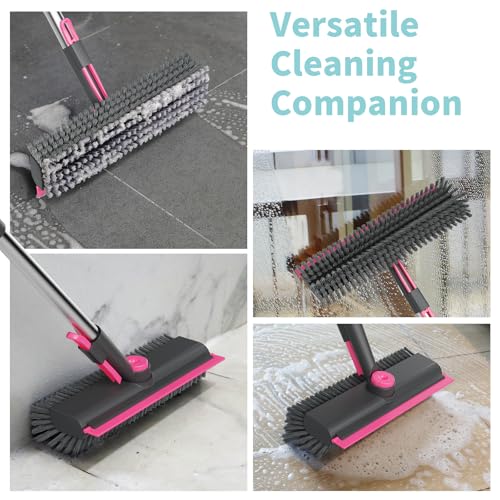 AIR U+ Floor Scrub Brush with Long Handle, 3-in-1 Rotating Head & Squeegee | Stiff Dual-Sided Bristles for Shower, Bathroom, Kitchen and Patio, 30–50 In Handle for Easier Stand-Up Cleaning, Gray & Pink - color: Gray and Pink, size: 1 PACK