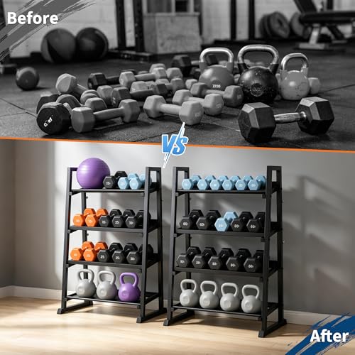 Dumbbell Rack, 3 Tiers Weight Rack for Home Gym, Trapezoidal-Frame & h-Frame Weight Stand for Dumbbells Kettlebells & Weight Plates, 1300LBS Capacity - size: 34.44 x 18.7 x 37.09 Inch