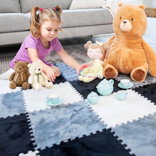 20pcs Plush Puzzle Foam Floor Mat, 11.8x11.8in Soft Interlocking Carpet Tiles，Anti-Slip Puzzle Area Rug Playmat for Room，Pink Seablue - color: Pink Seablue