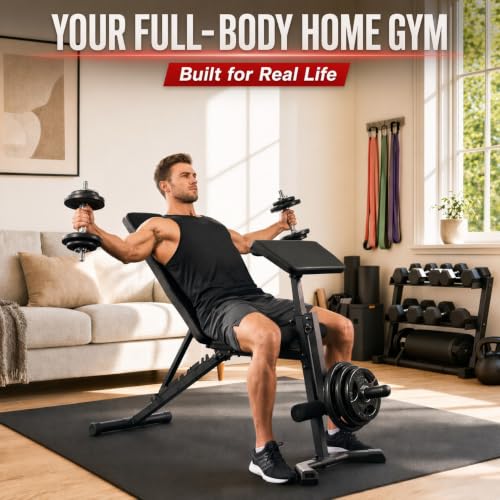 OPPSDECOR Adjustable Weight Bench, 800 LBS Foldable Workout Bench with Leg Extension & Preacher Curl, Extended Headrest, Incline Decline Flat, Heavy Duty Bench Press for Home Gym Strength Training