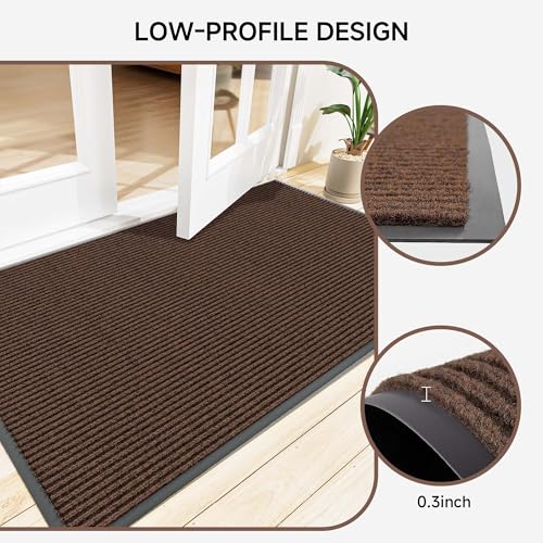 100pointONE Front Door Mat, Heavy Duty Indoor Outdoor Doormat, 48" x 24" Low Profile Outdoor Mats for Home Entrance, Stain and Fade Resistant Welcome Mat Ideal for High Traffic Area, Brown - color: Brown Striped, size: 2' x 4' (Rectangular)