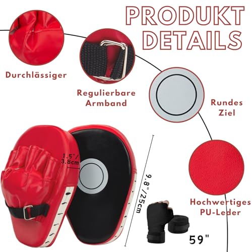 3-in-1 Boxing Gloves and Punching Mitts Set for Kids, Boxing Mitts Focus Pads with Hand Wraps for Kid, Youth Leather Punching Equipment Gloves Set for MMA, Karate, Muay Thai, Taekwondo - color: Red