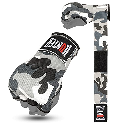 HUNTER Gel Boxing Hand Wraps for Men & Women, Quick Inner Gloves with Wrist Support for MMA, Muay Thai, Kickboxing & Martial Arts Training, Knuckle Protection (Pair) - color: Gray Camo, size: Small-Medium