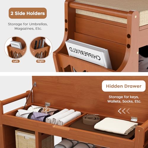 oakvivo 47.2in Shoe Bench Entryway - Bamboo Shoe Rack Bench with Storage, Shoe Rack Organizer with Cushion, 2 Side Holder, Holds Up tp 330lbs for Front Door Entrance, Living Room - size: 47.2 inch