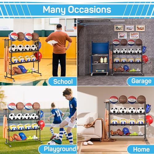 Mythinglogic Basketball Rack, Ball Storage with Baseball Bat Holder, Rolling Ball rack with Removable Nylon Mesh for Various Ball Sizes, Basketball Holder for Football Basketball Soccer Ball | Holds up to 12 sports balls with 2 removable nylon mesh shelve